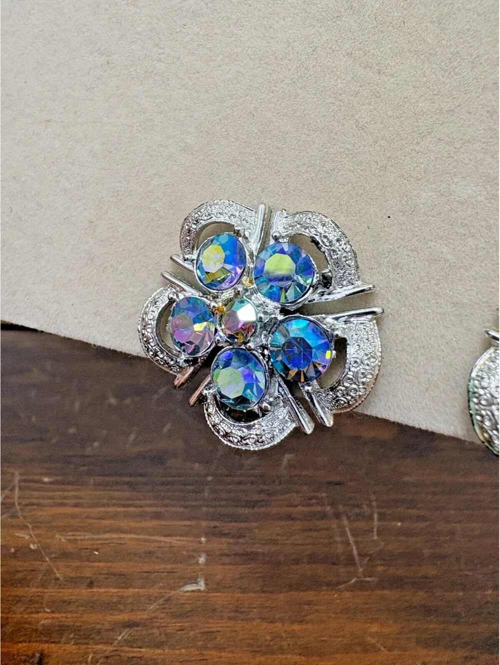 Vintage Coro Blue AB Rhinestone Silver Tone Flower Clip Earrings